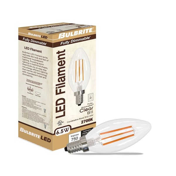 LED Filament 5W, Dimmable B11, Clear Glass, E26 Base, 2700K, 750 Lm, 4PK